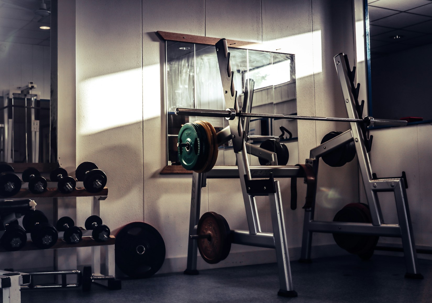Barbell on a squat rack